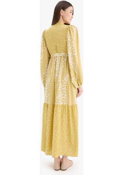 Hakim Yaka Desenli Kuşaklı Uzun Kollu Maxi Tesettür Elbise D4375AX25SM