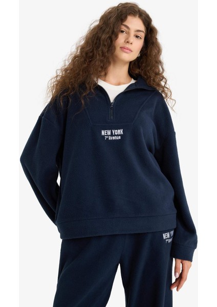Oversize Geniş Kalıp Dik Yaka Fermuarlı Baskılı Polar Sweatshirt