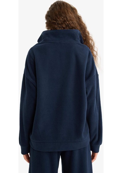 Oversize Geniş Kalıp Dik Yaka Fermuarlı Baskılı Polar Sweatshirt