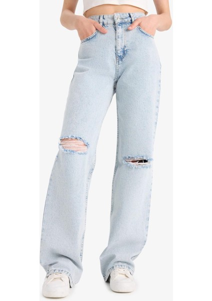 Straight Wide Yırtık Detaylı Yüksek Bel Uzun Jean Yıkamalı Pantolon E8016AX25SM