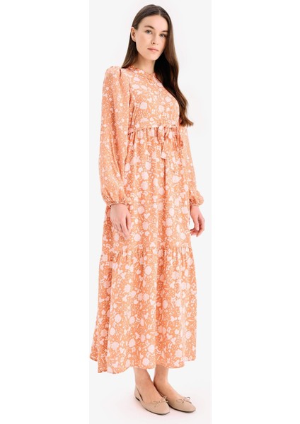 Hakim Yaka Desenli Uzun Kollu Maxi Tesettür Elbise D4375AX25SM