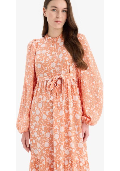 Hakim Yaka Desenli Uzun Kollu Maxi Tesettür Elbise D4375AX25SM