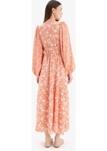 Hakim Yaka Desenli Uzun Kollu Maxi Tesettür Elbise D4375AX25SM