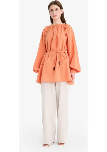 Keten Karışımlı Wide Leg Geniş Paça Flamlı Pantolon