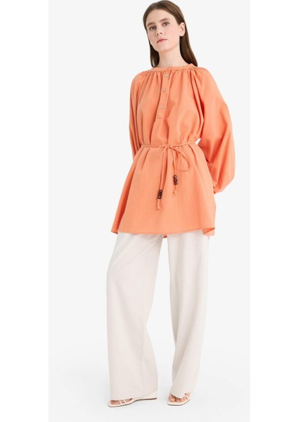 Keten Karışımlı Wide Leg Geniş Paça Flamlı Pantolon