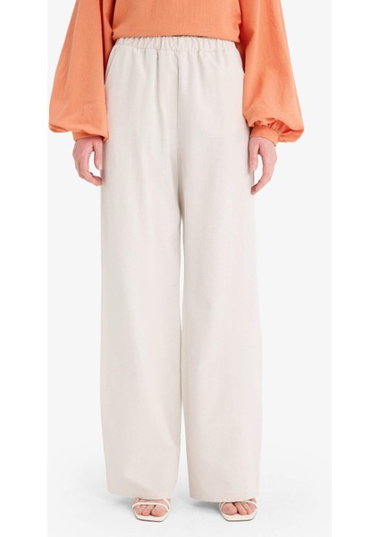 Keten Karışımlı Wide Leg Geniş Paça Flamlı Pantolon