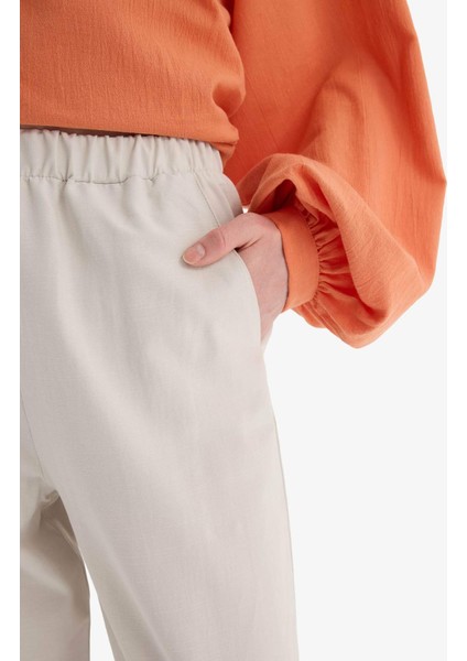 Keten Karışımlı Wide Leg Geniş Paça Flamlı Pantolon