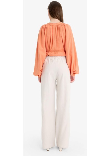 Keten Karışımlı Wide Leg Geniş Paça Flamlı Pantolon