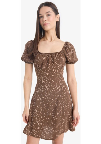 Kare Yaka Çiçek Desenli Viskon Kısa Kollu Mini Elbise E0873AX25SP