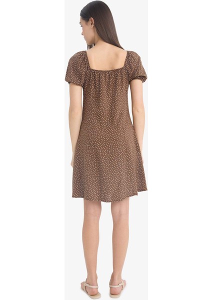 Kare Yaka Çiçek Desenli Viskon Kısa Kollu Mini Elbise E0873AX25SP