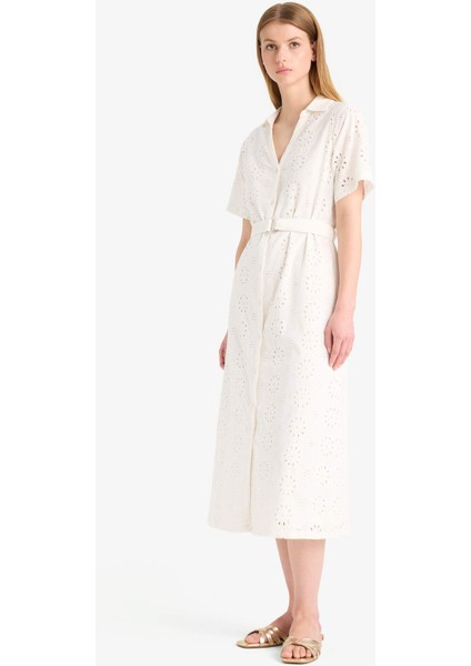 Gömlek Yaka Brode Kısa Kollu Midi Elbise F0430AX25SM