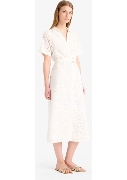 Gömlek Yaka Brode Kısa Kollu Midi Elbise F0430AX25SM