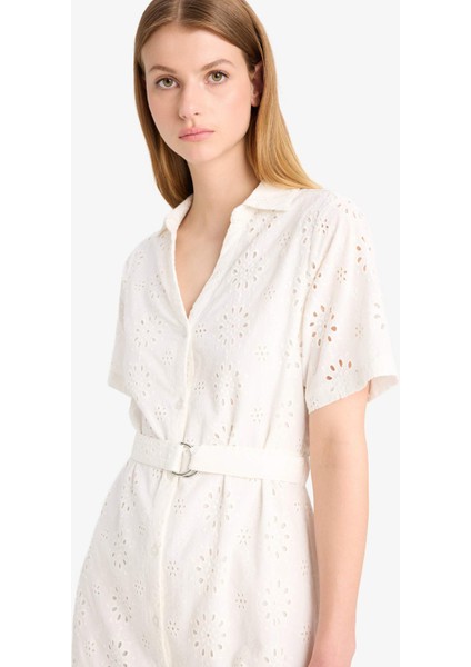 Gömlek Yaka Brode Kısa Kollu Midi Elbise F0430AX25SM