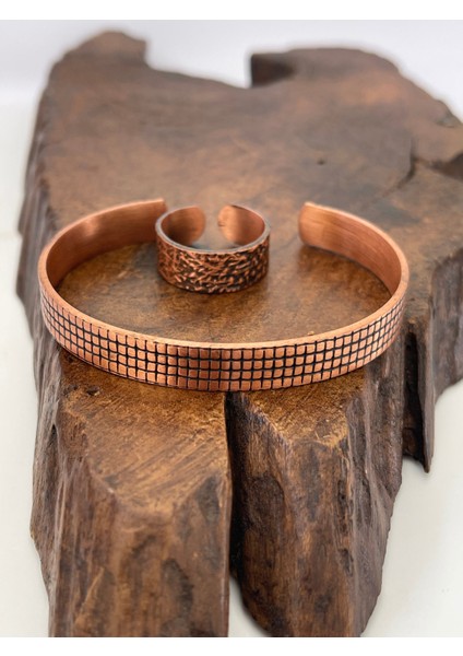 Ayarlanabilir %100 Saf Bakır Bileklik Bakır Yüzük Kombini El Yapımı Bileklik Yüzük