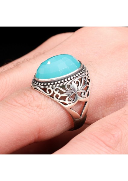 Mavi Taşlı Desenli 925 Ayar Erkek Gümüş Yüzük