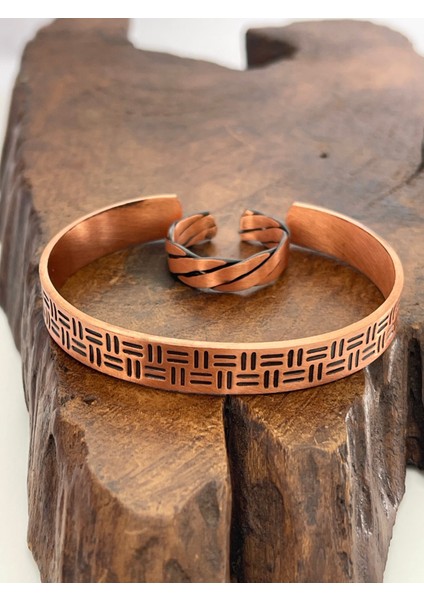 Ayarlanabilir ½100 Saf Bakır Bileklik Bakır Yüzük Kombini El Yapımı Bileklik Yüzük