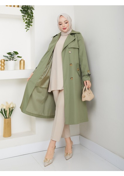 Kadın Yeşil Arkası Düğmeli Trençkot fiyatları