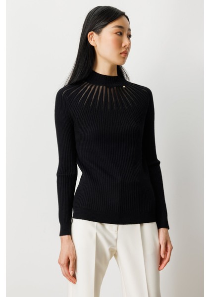 Kadın Dik Yaka Tül Detaylı Triko Kazak 60384 Siyah fiyatları