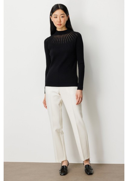 Kadın Dik Yaka Tül Detaylı Triko Kazak 60384 Siyah modelleri