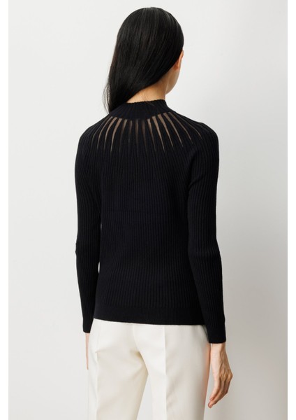 Kadın Dik Yaka Tül Detaylı Triko Kazak 60384 Siyah fırsatları