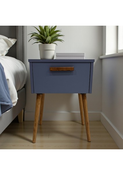 Zeta Komodin Kapaklı, Ege Mavi Renk, Ahşap Ayaklı, Sehpa