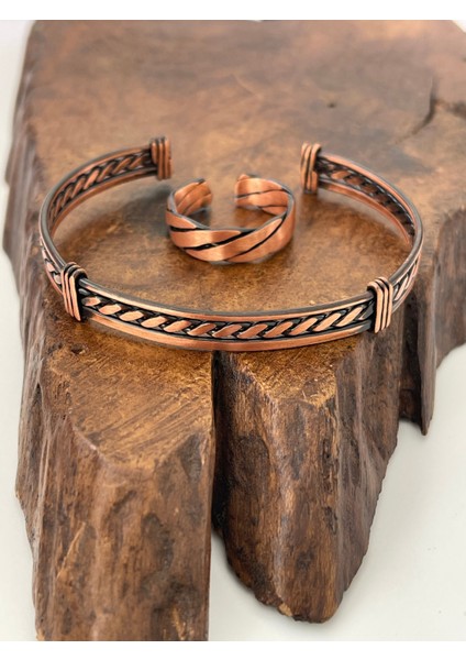 Ayarlanabilir %100 Saf Bakır Bileklik Bakır Yüzük Kombini El Yapımı Bileklik Yüzük