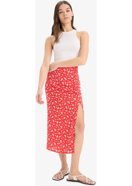 A Kesim Çiçek Desenli Yüksek Bel Yırtmaçlı Midi Etek F0526AX25SP