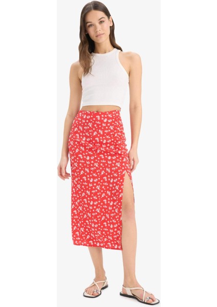 A Kesim Çiçek Desenli Yüksek Bel Yırtmaçlı Midi Etek F0526AX25SP