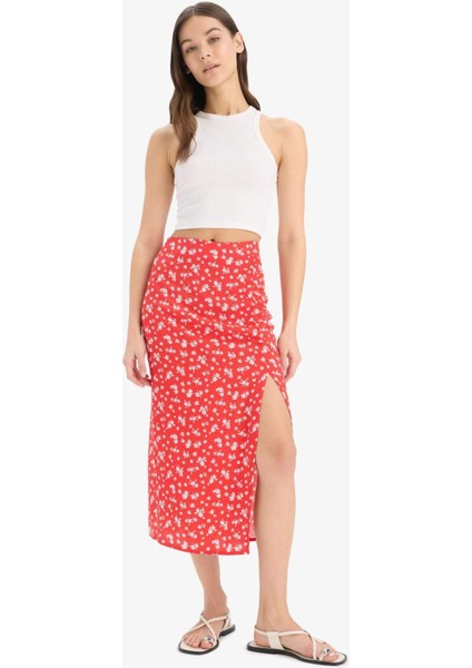 A Kesim Çiçek Desenli Yüksek Bel Yırtmaçlı Midi Etek F0526AX25SP