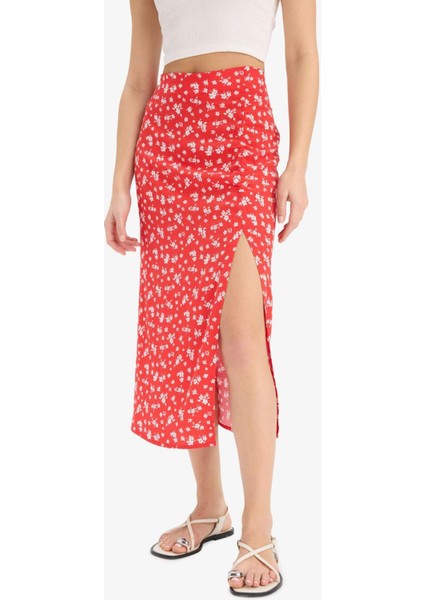 A Kesim Çiçek Desenli Yüksek Bel Yırtmaçlı Midi Etek F0526AX25SP