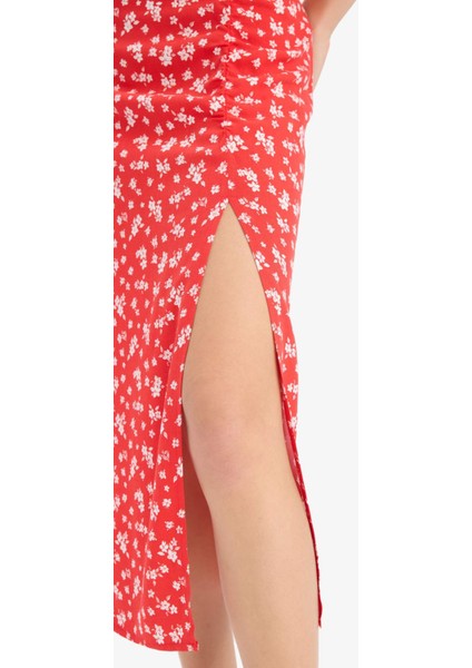 A Kesim Çiçek Desenli Yüksek Bel Yırtmaçlı Midi Etek F0526AX25SP