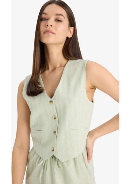 Regular Fit V Yaka Keten Karışımlı Blazer Yelek D3474AX25SP