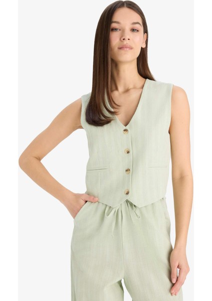 Regular Fit V Yaka Keten Karışımlı Blazer Yelek D3474AX25SP