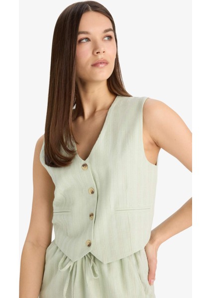 Regular Fit V Yaka Keten Karışımlı Blazer Yelek D3474AX25SP