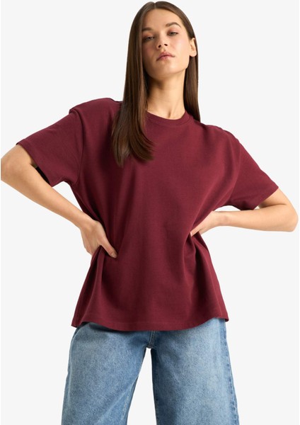 Oversize Geniş Kalıp Bisiklet Yaka Basic Düz Kısa Kollu Tişört