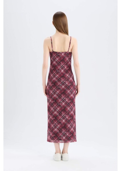 Bodycon Vücudu Saran Kareli Tül Askılı Maxi Elbise D5034AX25SP