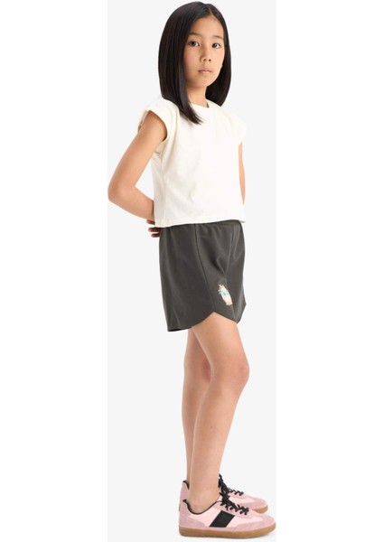 Kız Çocuk Beli Lastikli Baskılı Şort