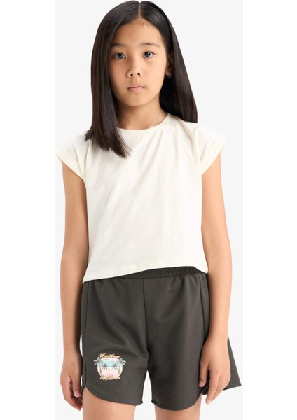 Kız Çocuk Beli Lastikli Baskılı Şort