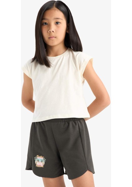 Kız Çocuk Beli Lastikli Baskılı Şort