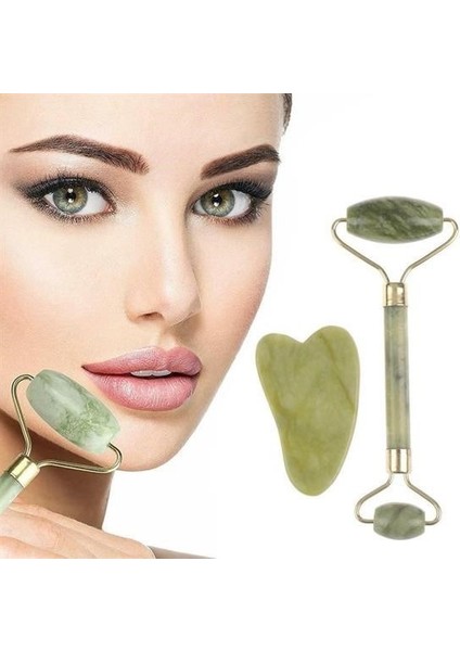 Çift Taraflı Cilt Yüz Masaj Aleti Jade Roller Yeşim Taşı Seti