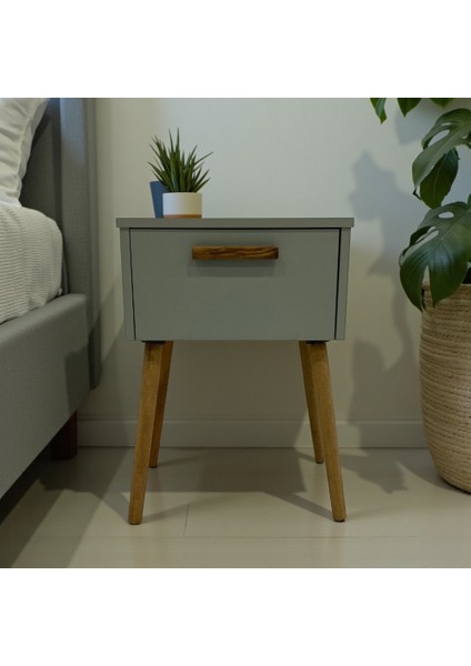 Zeta Komodin Kapaklı, Kül Yeşil Renk, Ahşap Ayaklı, Sehpa