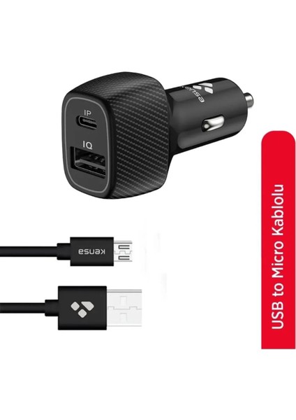 Ikili Araç Içi Hızlı Şarj Başlığı – Çakmaklık - USB + Micro Kablolu