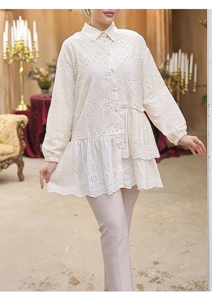 Artsviva Fırfır ve Fisto Detaylı Inci Düğmeli Gömlek -Bej