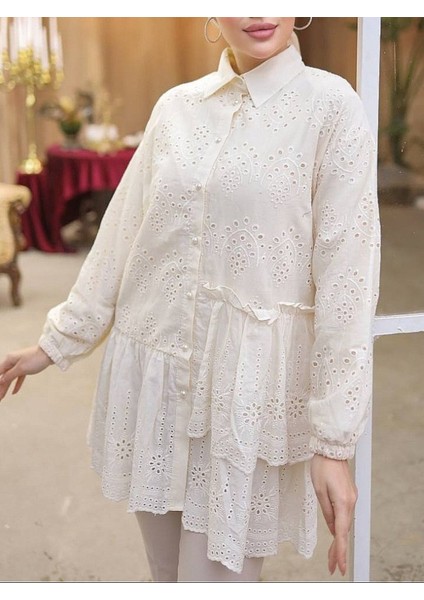 Artsviva Fırfır ve Fisto Detaylı Inci Düğmeli Gömlek -Bej fiyatları