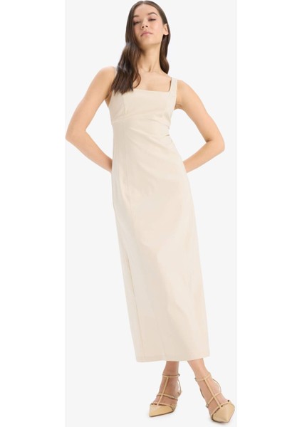 Bodycon Vücudu Saran Basic Düz Kare Yaka Askılı Maxi Elbise