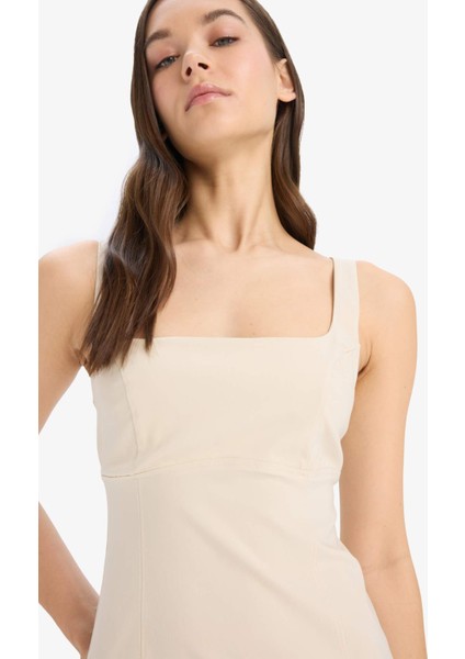 Bodycon Vücudu Saran Basic Düz Kare Yaka Askılı Maxi Elbise