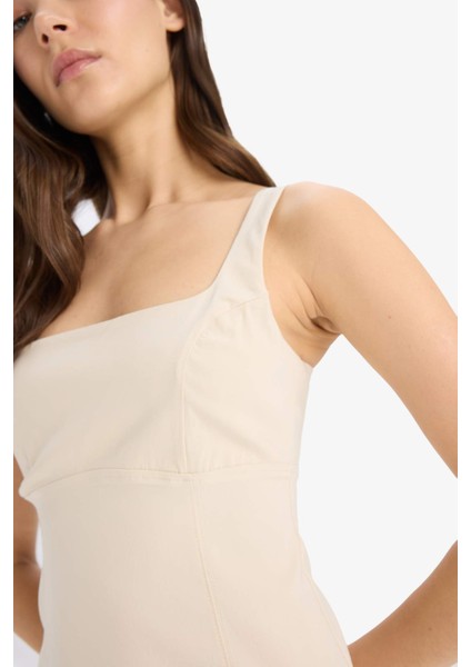 Bodycon Vücudu Saran Basic Düz Kare Yaka Askılı Maxi Elbise