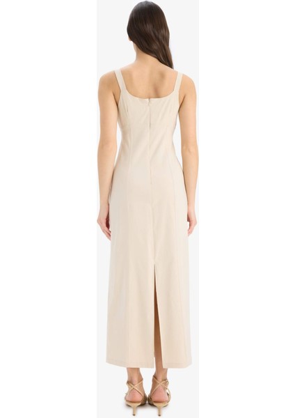 Bodycon Vücudu Saran Basic Düz Kare Yaka Askılı Maxi Elbise