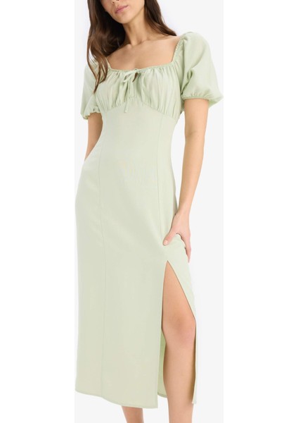 A Kesim V Yaka Keten Karışımlı Yırtmaçlı Kısa Kollu Midi Yazlık Elbise F0534AX25SM