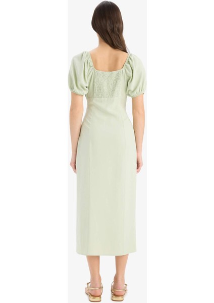 A Kesim V Yaka Keten Karışımlı Yırtmaçlı Kısa Kollu Midi Yazlık Elbise F0534AX25SM